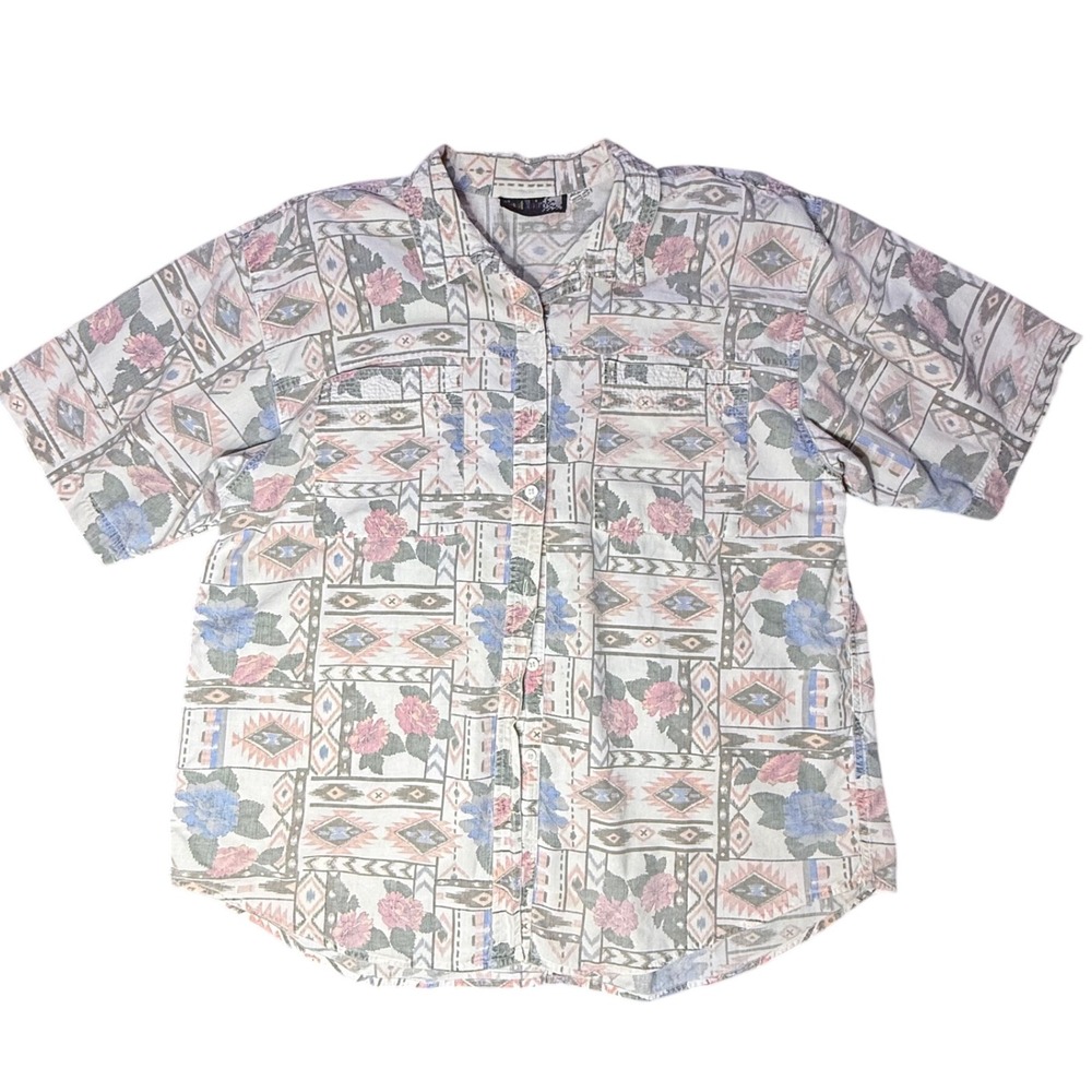 Vintage 90s Find Noir Button Up Shirt Floral Aztec Short Sleeve 40/20W‎